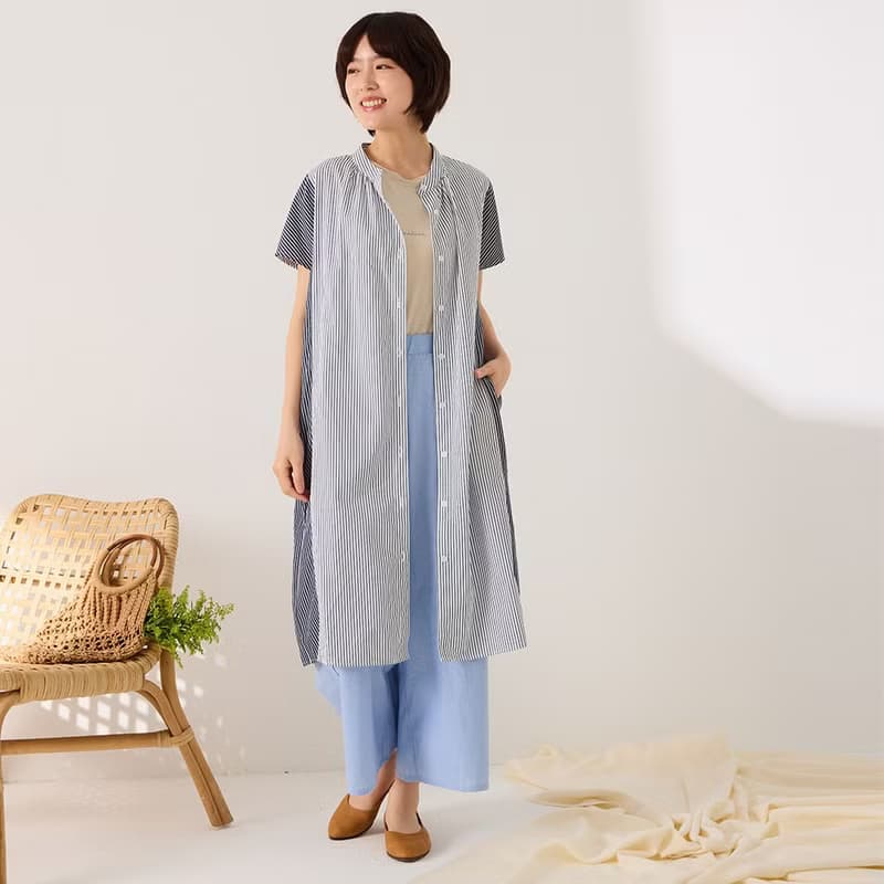 純棉直條紋撞色長版襯衫-共2色