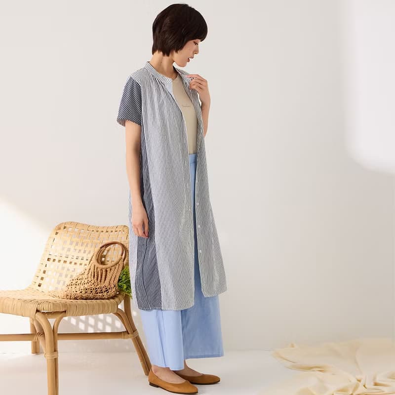 純棉直條紋撞色長版襯衫-共2色