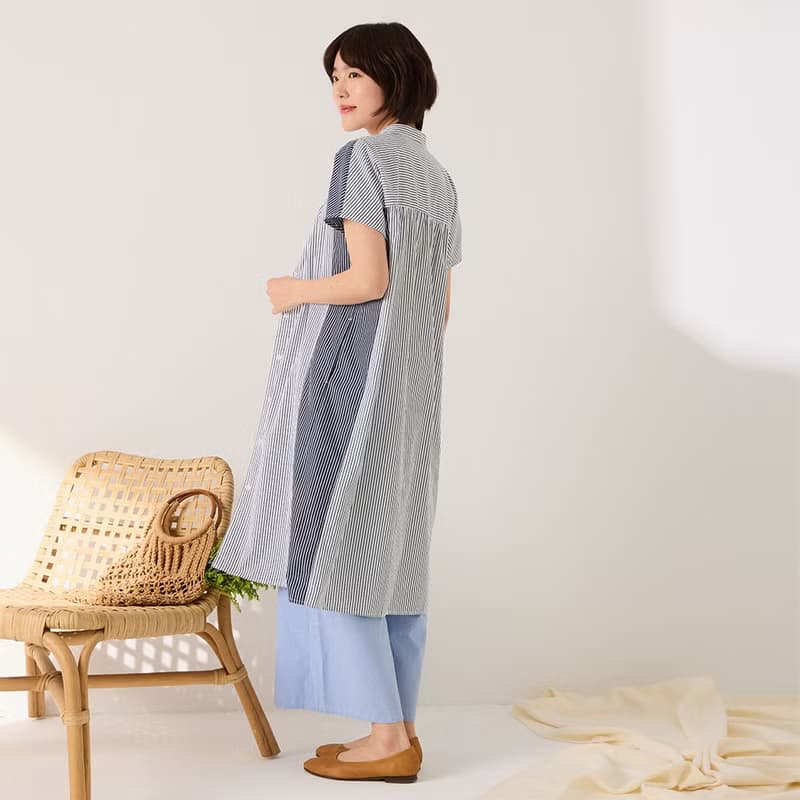 純棉直條紋撞色長版襯衫-共2色