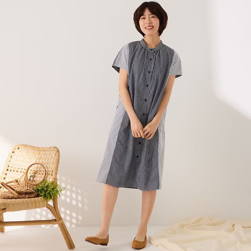 純棉直條紋撞色長版襯衫-共2色