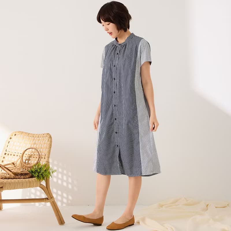 純棉直條紋撞色長版襯衫-共2色