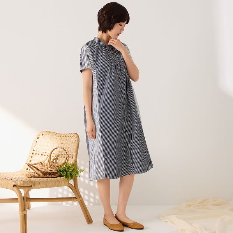 純棉直條紋撞色長版襯衫-共2色