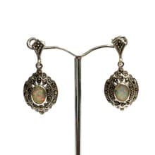 Victorian Style Fire Gilson Opal & Marcasite Stone Earrings 925 Sterling Silver