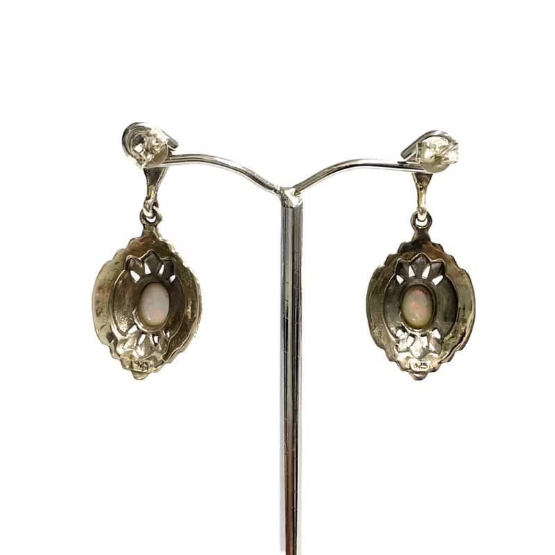 Victorian Style Fire Gilson Opal & Marcasite Stone Earrings 925 Sterling Silver
