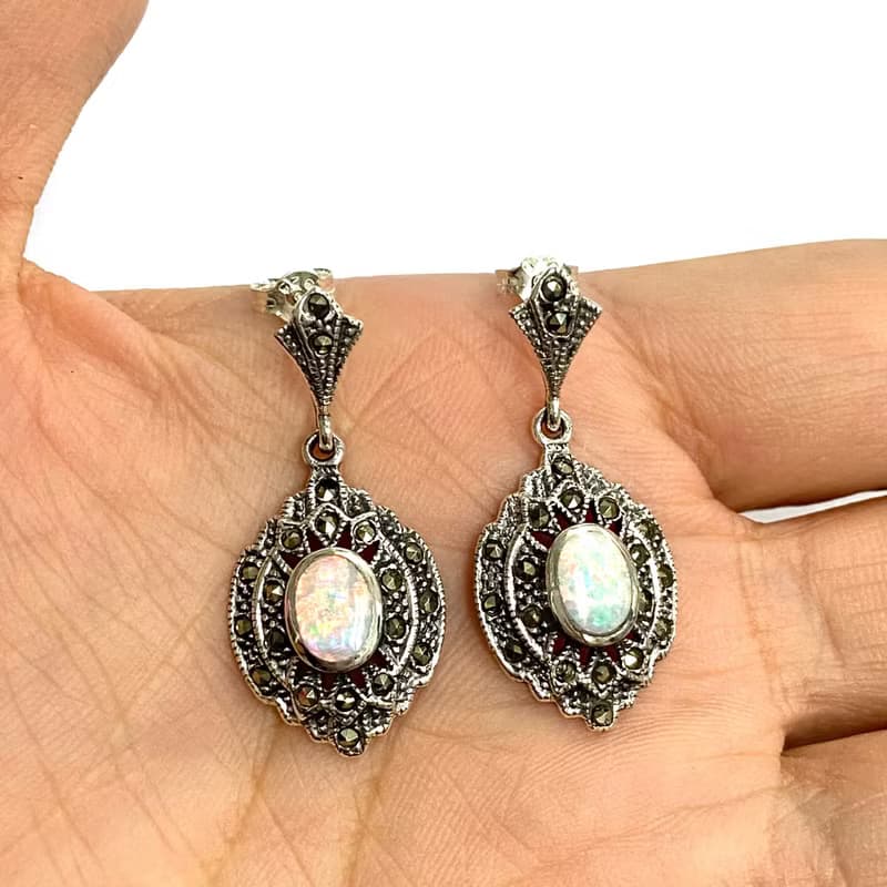 Victorian Style Fire Gilson Opal & Marcasite Stone Earrings 925 Sterling Silver