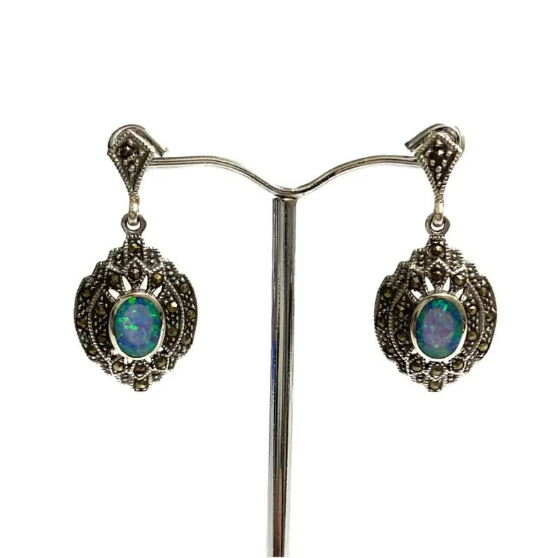 Victorian Style Fire Gilson Opal & Marcasite Stone Earrings 925 Sterling Silver
