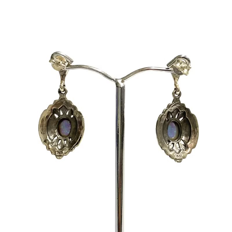 Victorian Style Fire Gilson Opal & Marcasite Stone Earrings 925 Sterling Silver