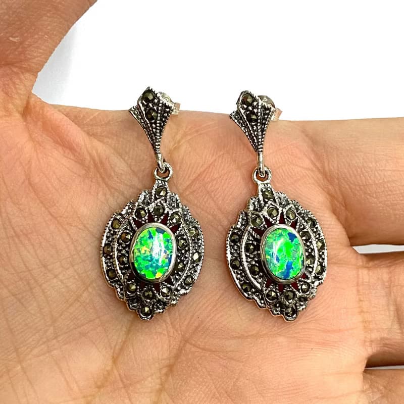 Victorian Style Fire Gilson Opal & Marcasite Stone Earrings 925 Sterling Silver