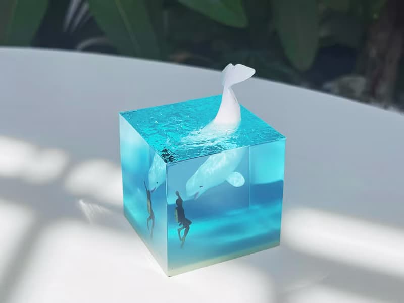 白鯨與潛水員立方桌擺/ 夜光海洋小夜燈