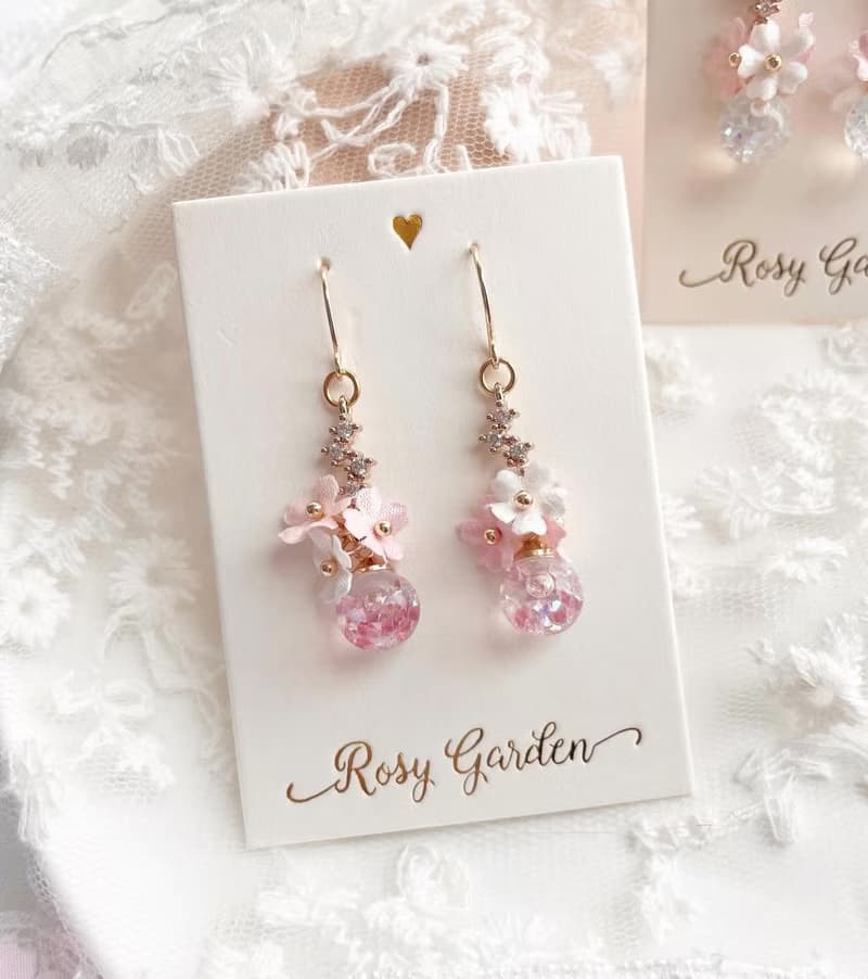 Rosy Garden 三色櫻花流沙水晶球閃石鉤式耳環 可換耳夾