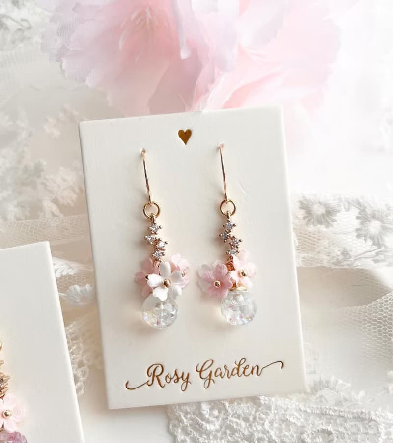 Rosy Garden 三色櫻花流沙水晶球閃石鉤式耳環 可換耳夾