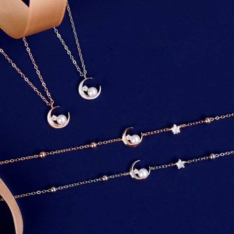 L'amour 優雅星月珍珠手鏈 (玫瑰金)