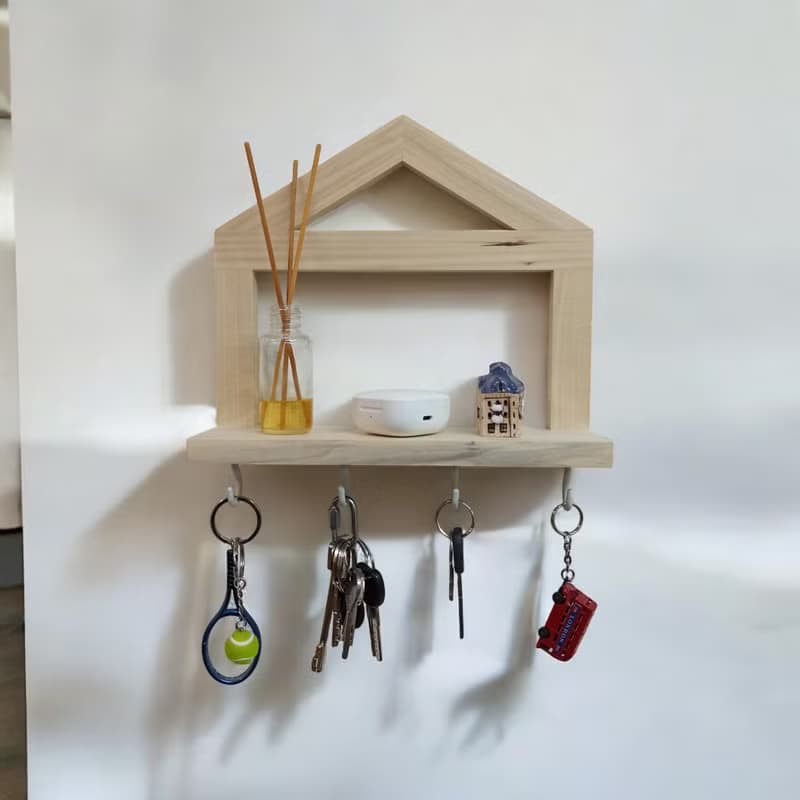 Handmade Wooden Key Holder with Shelf and Hooks