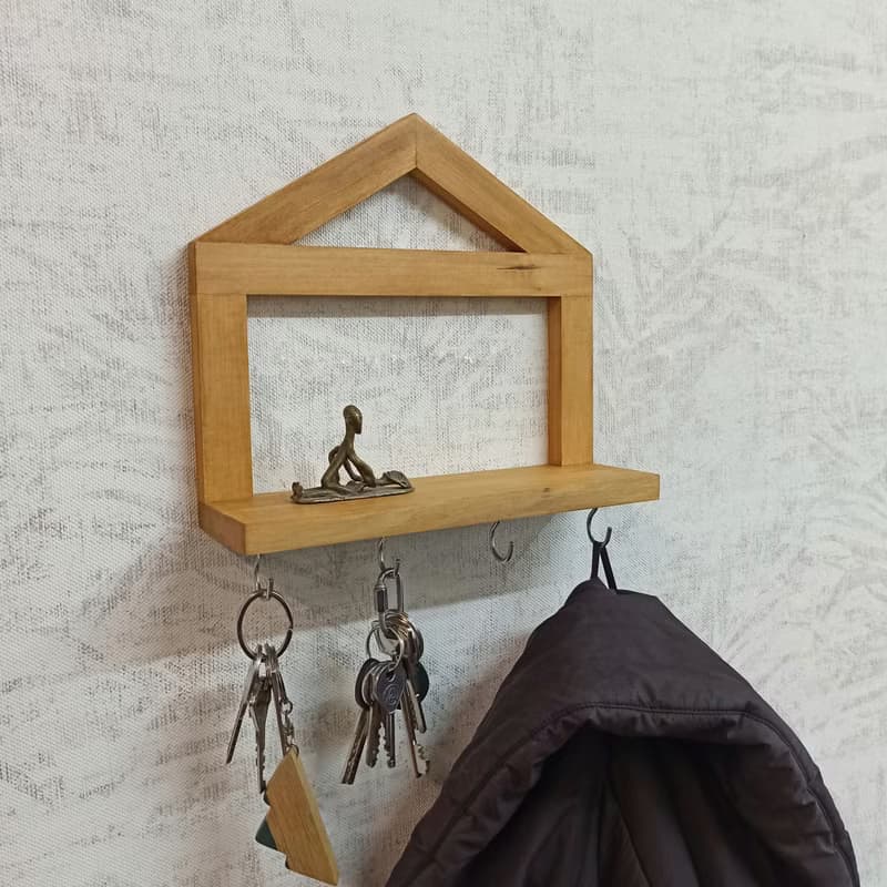 Handmade Wooden Key Holder with Shelf and Hooks