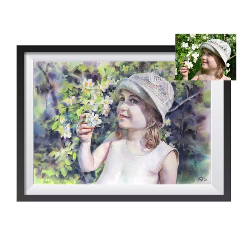 Custom original watercolor portrait painting by artist Irina Zhunaeva