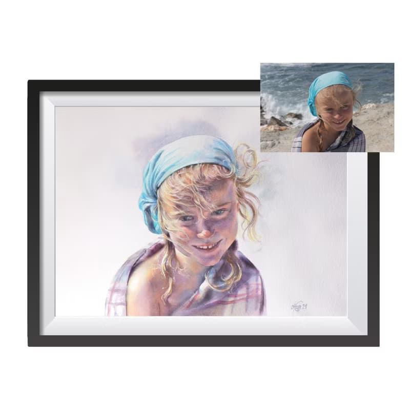 Custom original watercolor portrait painting by artist Irina Zhunaeva