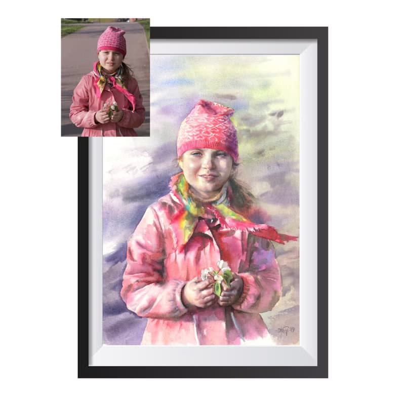 Custom original watercolor portrait painting by artist Irina Zhunaeva
