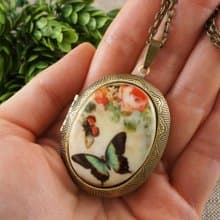 Butterfly Locket Necklace Mint Pink Porcelain Cameo Brass Oval Pendant Jewelry