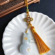 孤品 天然緬甸玉翡翠 淺綠底帶黃翡 立體手工雕葫蘆 禮物 包掛