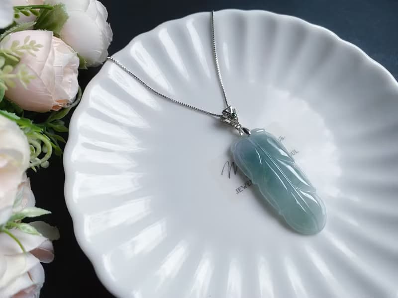 天然緬甸玉翡翠 冰藍綠底雲彩 葉子 金枝玉葉 項鍊 s925 玉石