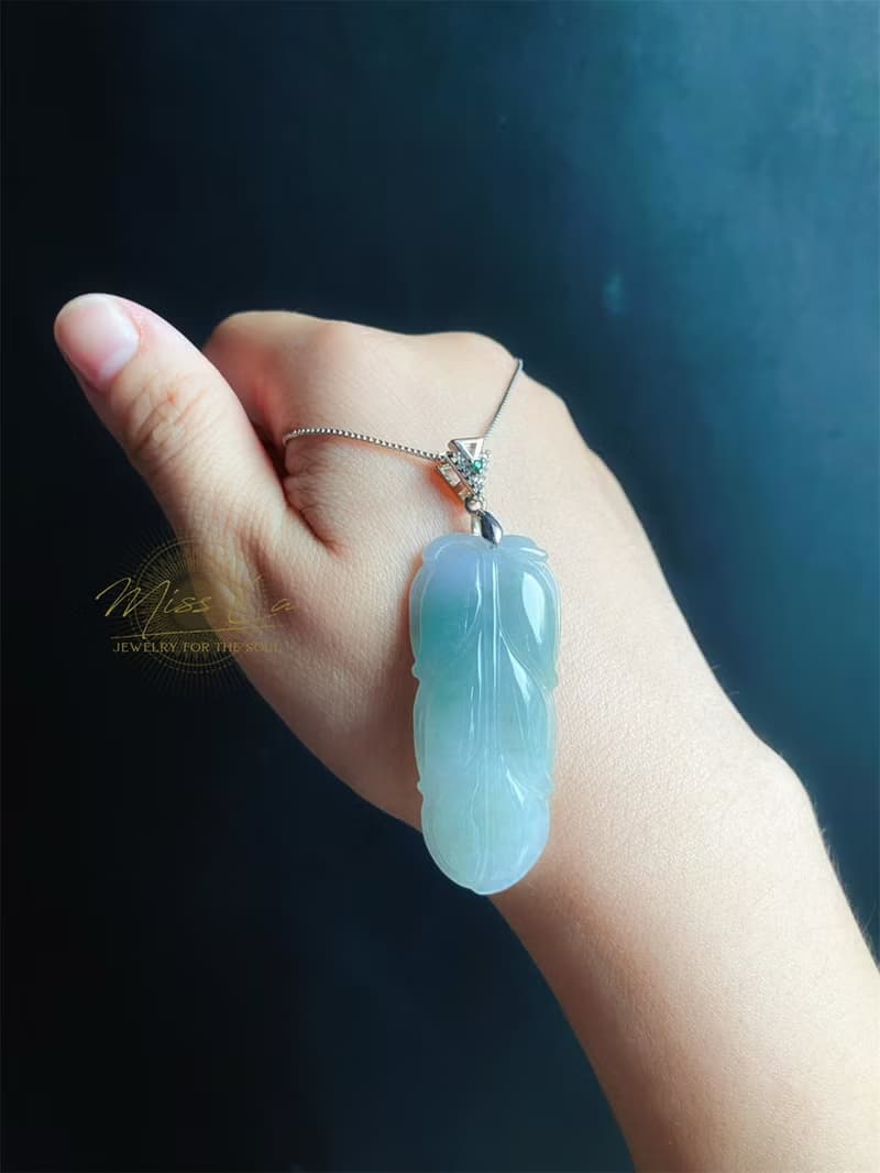 天然緬甸玉翡翠 冰藍綠底雲彩 葉子 金枝玉葉 項鍊 s925 玉石
