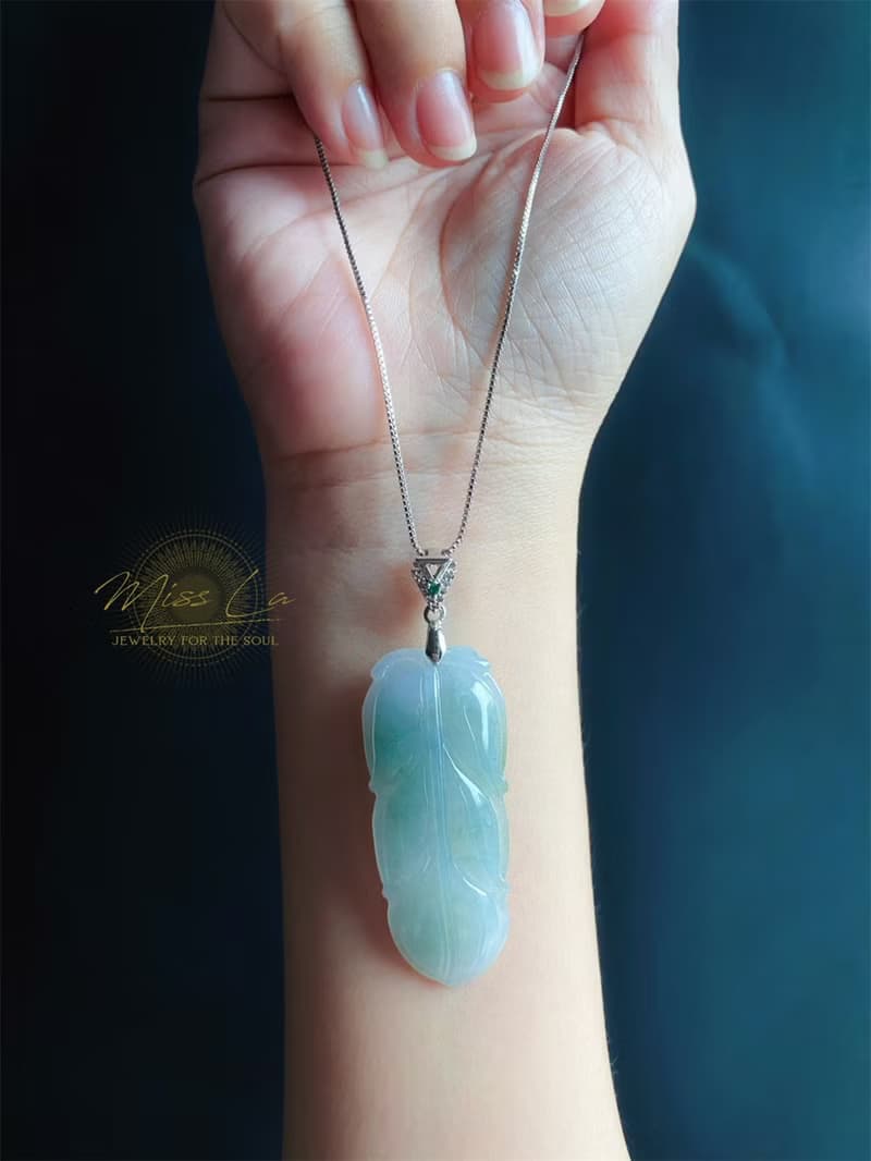 天然緬甸玉翡翠 冰藍綠底雲彩 葉子 金枝玉葉 項鍊 s925 玉石