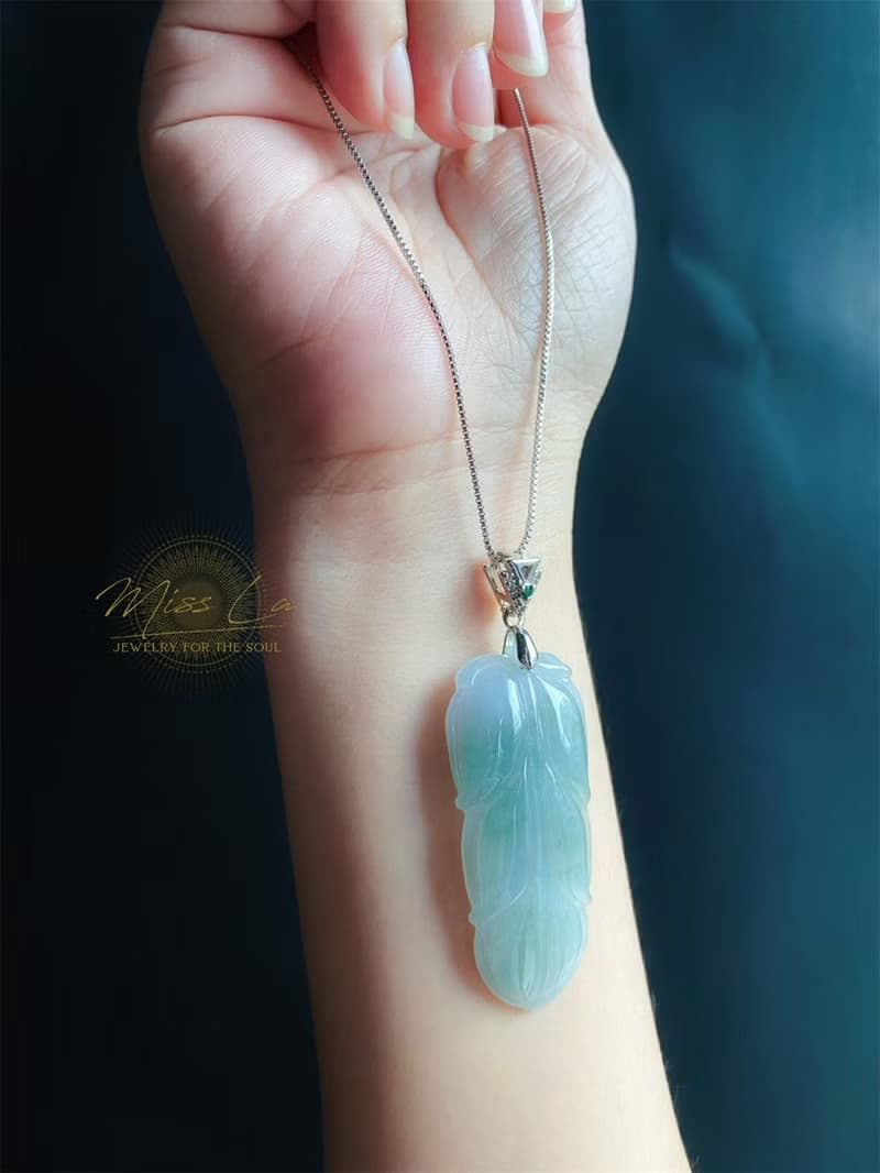 天然緬甸玉翡翠 冰藍綠底雲彩 葉子 金枝玉葉 項鍊 s925 玉石