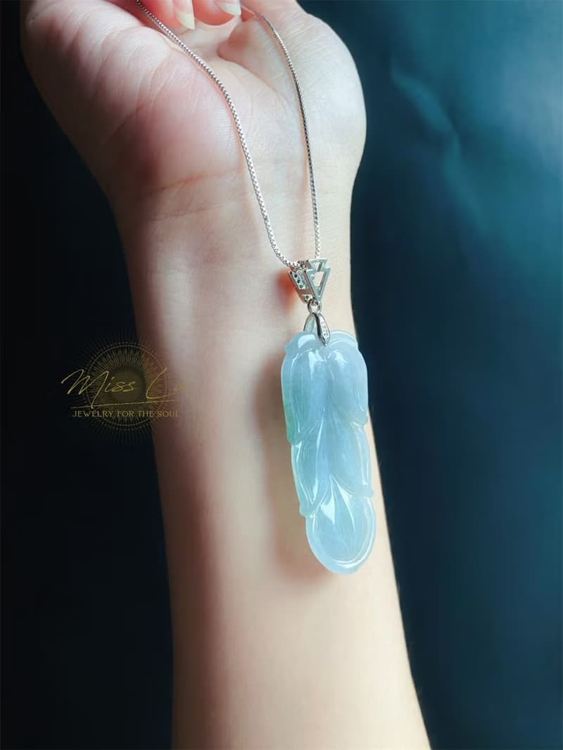 天然緬甸玉翡翠 冰藍綠底雲彩 葉子 金枝玉葉 項鍊 s925 玉石