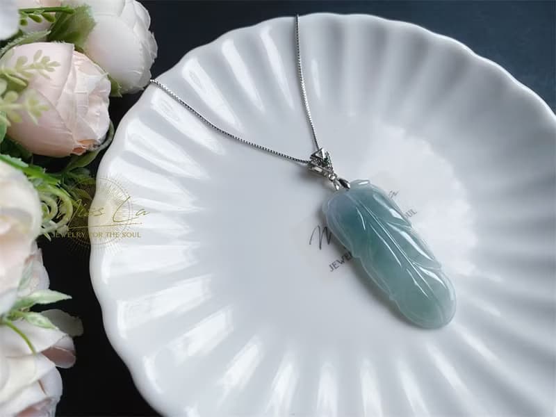 天然緬甸玉翡翠 冰藍綠底雲彩 葉子 金枝玉葉 項鍊 s925 玉石