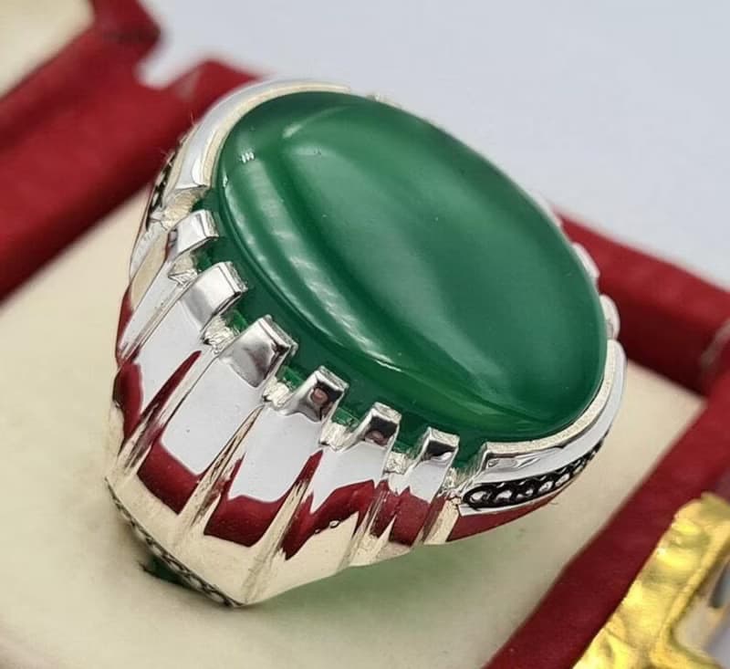 Green yemeni aqeeq ring yamani hakik agate bague christmas gift for him jewelry
