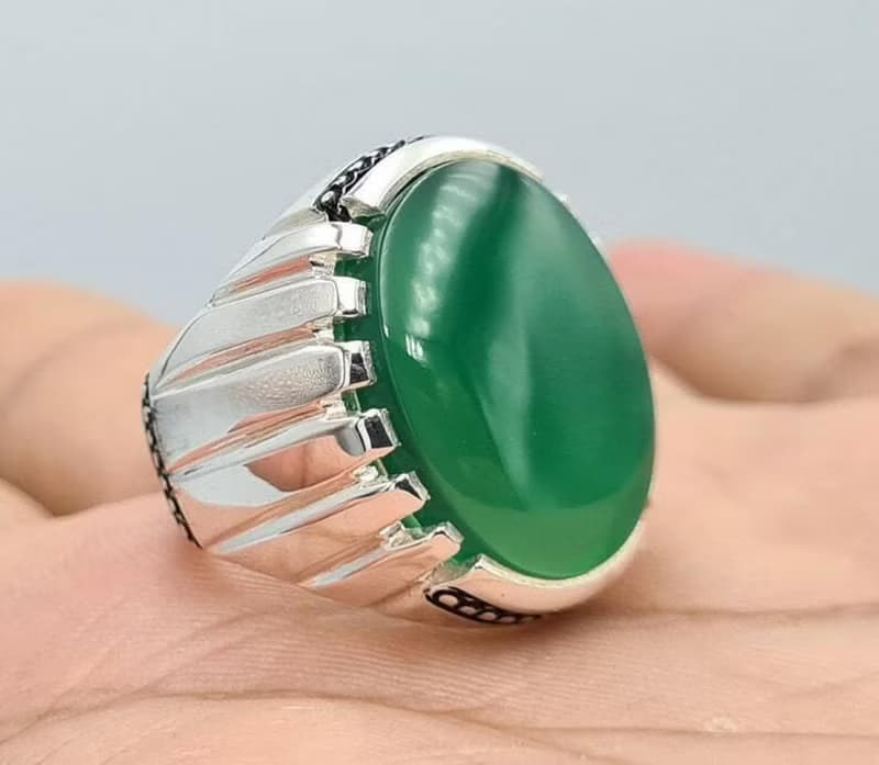 Green yemeni aqeeq ring yamani hakik agate bague christmas gift for him jewelry