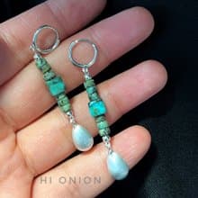 Hi onion原創小眾設計綠松石銀耳扣耳夾水滴長款新中式男女耳飾