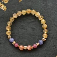 橘太陽石+丹泉石+桃紅碧璽+鈦晶鍍金水晶手鍊