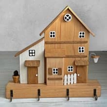 Wood Key Holder with 2 Houses 4 Hooks for Entryway Kitchen Hallway Office