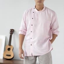 Blue & J Natural Linen Black Buttons Mandarin Right Align Collar Shirt - Pink