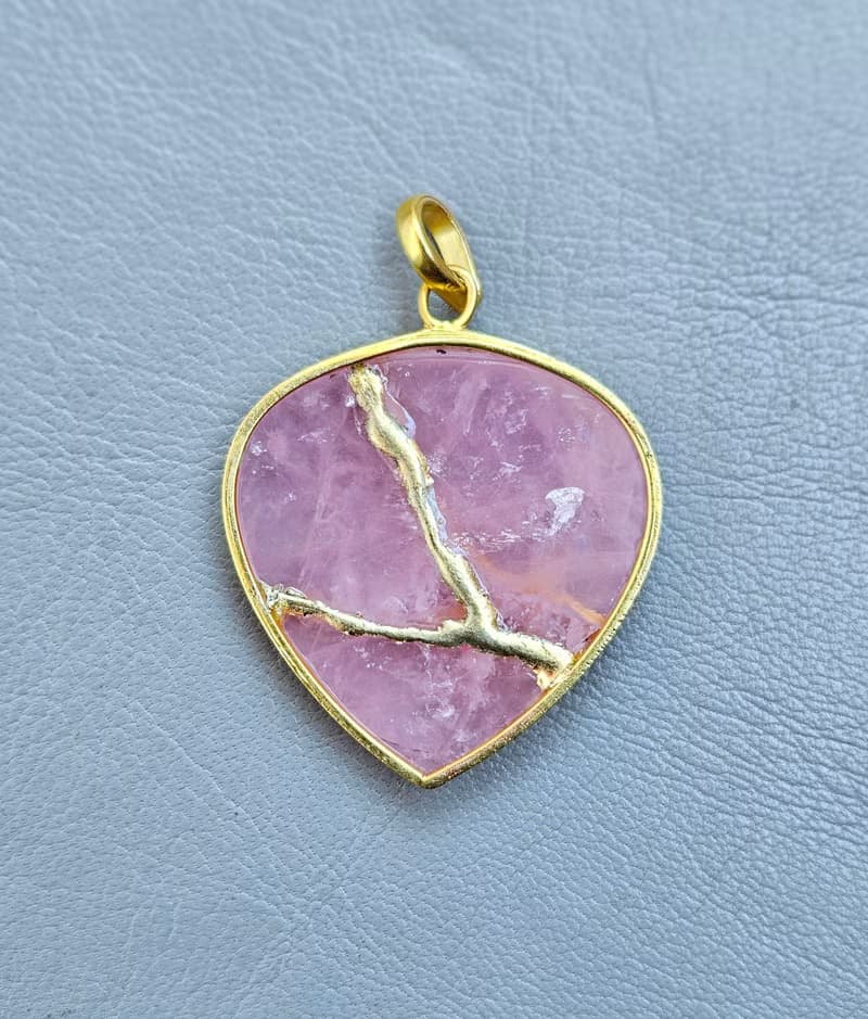 玫瑰石英心形金繼修復寶石鍍金項鍊 新生啟程