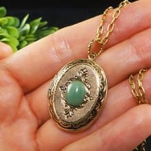 Green Aventurine Oval Gold Locket Mint Sage Green Stone Pendant Necklace Jewelry