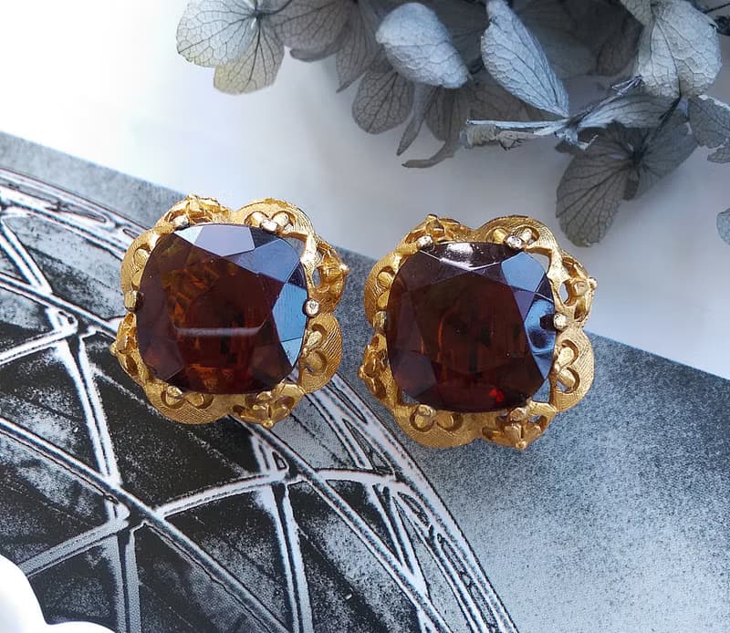 Vintage Jewelry 西洋古董飾品 FLORENZA  琥珀色調 夾式耳環