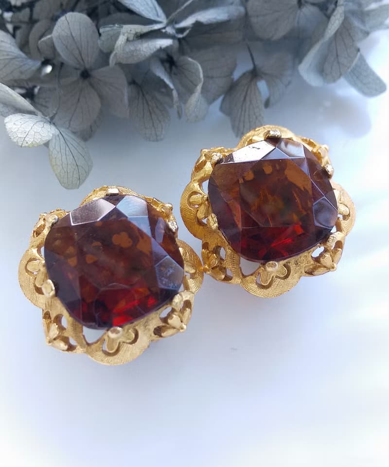 Vintage Jewelry 西洋古董飾品 FLORENZA  琥珀色調 夾式耳環