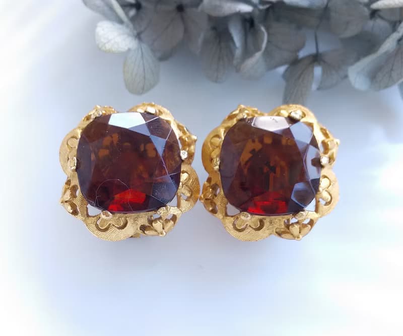 Vintage Jewelry 西洋古董飾品 FLORENZA  琥珀色調 夾式耳環