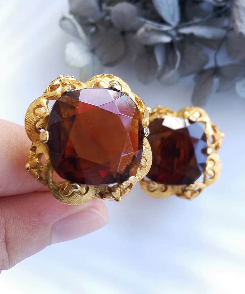 Vintage Jewelry 西洋古董飾品 FLORENZA  琥珀色調 夾式耳環