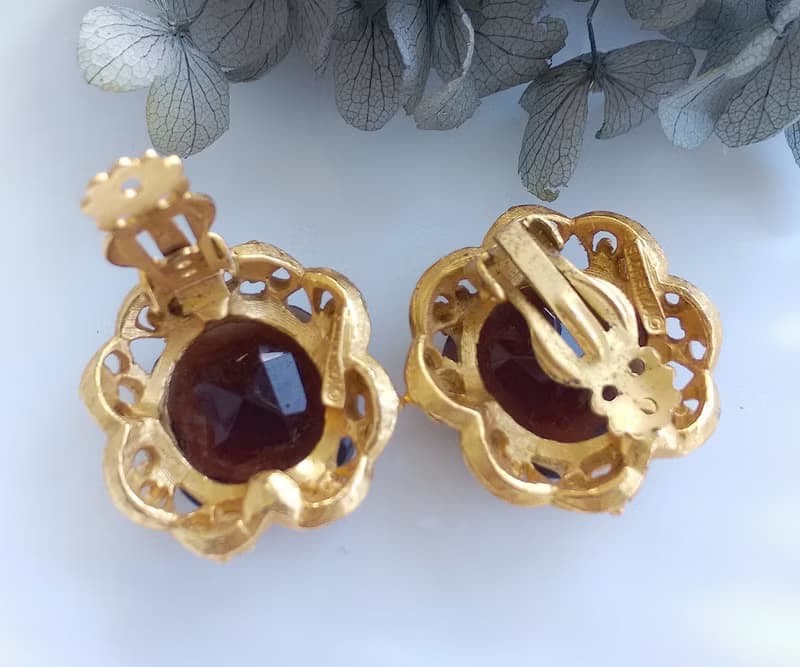 Vintage Jewelry 西洋古董飾品 FLORENZA  琥珀色調 夾式耳環