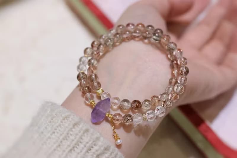 原創天然黑金超七雙圈手鏈搭配紫超七雙尖 白水晶 母親節禮物招財