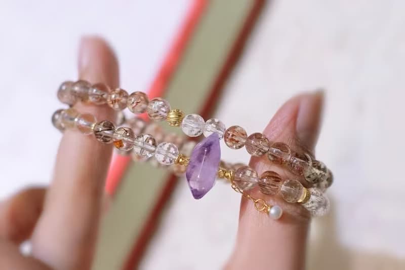 原創天然黑金超七雙圈手鏈搭配紫超七雙尖 白水晶 母親節禮物招財