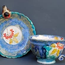 Blue tea cup and saucer set Bird figures Crystal glaze Handmade Porcelain