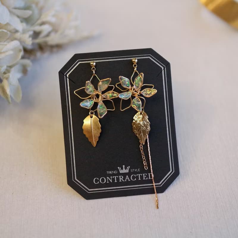 白金水晶花葉垂墜耳環c13半透明閃閃花花耳環x