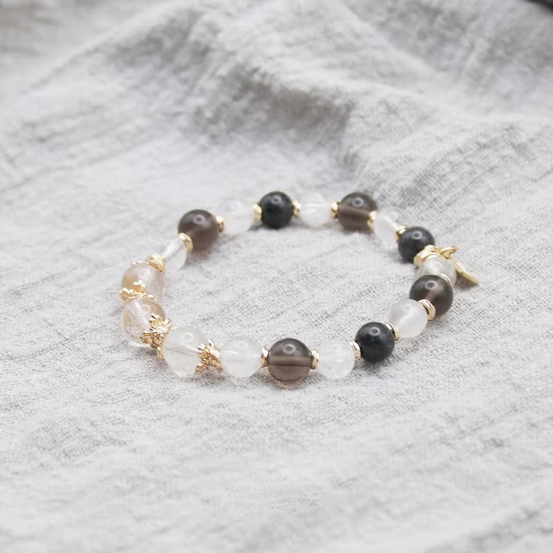 天然水晶 黑髮晶+冰曜石+白水晶 避邪手環