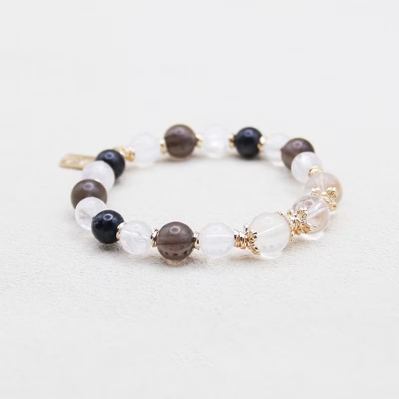 天然水晶 黑髮晶+冰曜石+白水晶 避邪手環