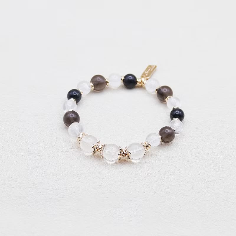 天然水晶 黑髮晶+冰曜石+白水晶 避邪手環