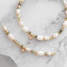 Pearl star necklace, Pearly gold green jewelry, Golden chocker with bracelet